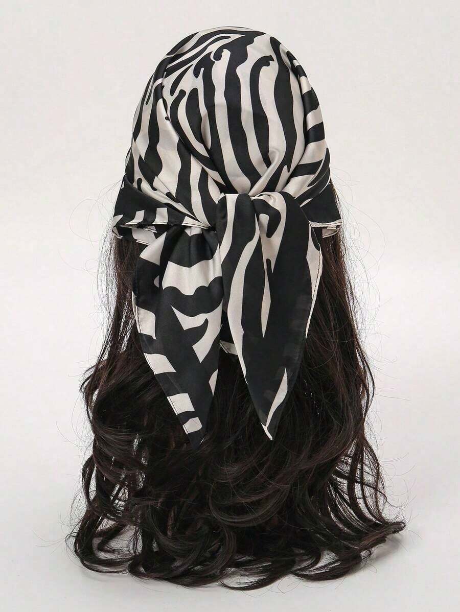 1pc Simple Printed 70*70cm Bandana Women, Spring New Arrival, Can Be Used As Scarf, Belt, Bag Decor Or Headband Bandana,Hair Band,Band Dressing Up Your Look Witch - 黑與白 - 查看 1