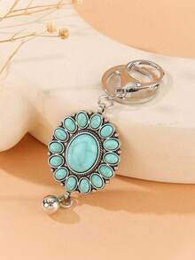 1pc Silver-Tone Turquoise Boho Style Keychain, Round Gemstone Key Chain Holder & Organizer, 2026 Valentine's Day Gift (Daily Keys/Bag Accessory) - Blue - View 1