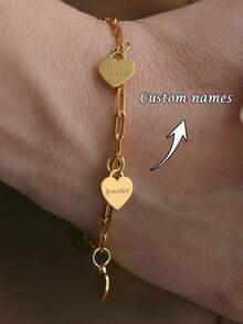 1PC [Customized] Engraved Multi Love Name Paper Pin Chain, Stainless Steel Bracelet, Customizable 1-4 Names, Women's Bracelet, Unisex Bracelet, Jewelry, Custom Name Bracelet, Couple Bracelet, Customized Gift, Suitable For Daily Festival Wear, Valentine's Day Gift, Gift, Mother's Day Gift, Personalized Gift