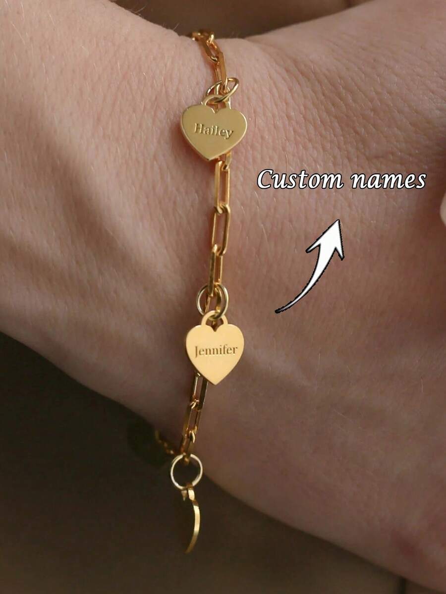 1PC [Customized] Engraved Multi Love Name Paper Pin Chain, Stainless Steel Bracelet, Customizable 1-4 Names, Women's Bracelet, Unisex Bracelet, Jewelry, Custom Name Bracelet, Couple Bracelet, Customized Gift, Suitable For Daily Festival Wear, Valentine's Day Gift, Gift, Mother's Day Gift, Personalized Gift