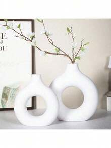 3pcs/2pcs/1pc Donut Vase, Pampas Grass Round Vase, Matte White, Plastic Flower Vase, Home Decor Vase, Ideal Gift For Wedding, Birthday Party - Multicolor - View 4