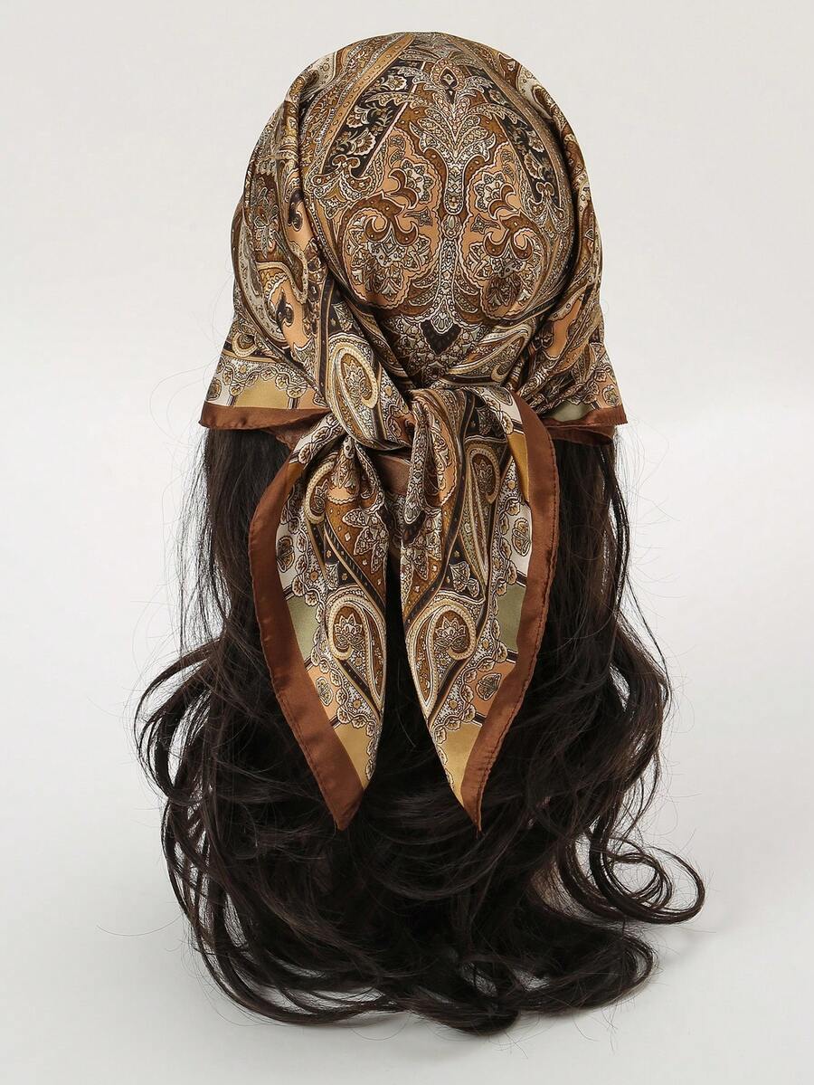 1 buah Syal Sutra Motif Paisley Bohemian, Ukuran 27,5 Inci x 27,5 Inci, Desain Modis, Cocok untuk Pemakaian Sehari-hari - Coklat - View 1