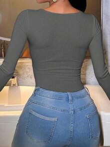 Vaiaye 女士性感 Y2K 修身针织黑色连体衣，V 领长袖春夏连体衣，优雅 - 灰色 - 查看 6