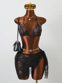 3pcs Women Sexy Lace Beaded Bikini Set, Fashion Beach Swimwear, Suitable For Beach, Vacation, Yacht Party Summer - Black and Brown - View 2