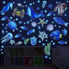 97 piezas Brillan en la oscuridad Mar pared Calcomanía Pegatinas Oceano pared Calcomanías Impermeable Retirable Brillante Pegatina por Niños Cuarto Decoración ()(Azul)