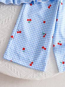 两件套女童夏季无袖上衣和短裤套装，带蝴蝶结，樱桃和格子印花 - 藍色 - 查看 5