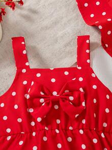 夏季女婴可爱红色波点蝴蝶结连体衣和蝴蝶结遮阳帽 - 紅色 - 查看 5