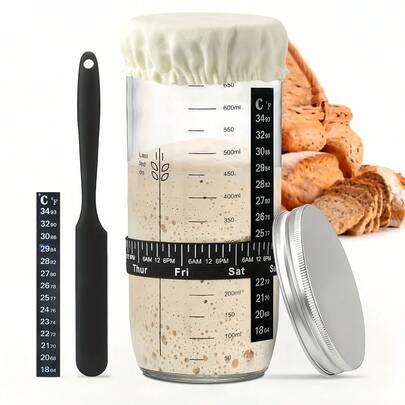 6-delat set med surdegsjäsburkar, inklusive degskrapa, jäsburk, surdegsbaktillbehör, jäsburkar i glas, bakverktygsset, brödjäsningskorg, surdegsjäsburk med datumspårning och påfyllningslock, 24oz surdegsjäsburk, termometer, tyg- och metalllock, lätt att rengöra, för jäsning av deg och yoghurt, även för förvaring av bönor, kaffe och mjöl, julklapp, köksredskap