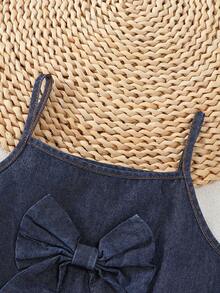 Girls' Summer Outfit - Sleeveless Ruffle Strap Top With Bow Accent, Paired With Ruffled Hem Casual Denim Shorts, Suitable For Summer Travel, Beach, Or Everyday Wear - Dark Wash - View 5