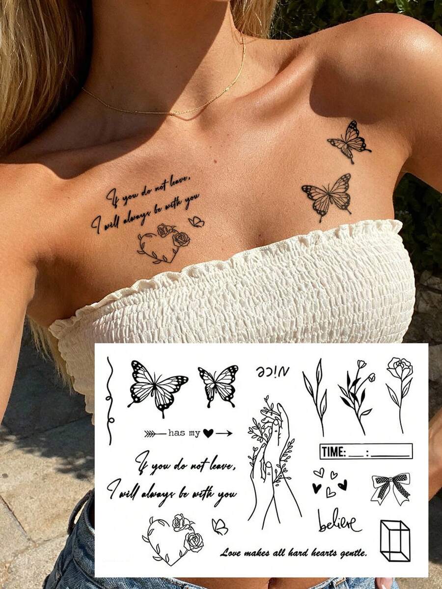 STARTTOOS Compact And Exquisite Multi Pattern Tattoo Stickers With Romantic Y2K Butterfly Flower Patterns, Temporary Fake Tattoo Stickers Suitable For Wrist, Ankle, Shoulder, Neck, Collarbone DIY Carnival, Valentine's Day, Party Holiday Gifts, Waterproof And Realistic Body Tattoo Stickers, 1 Pack