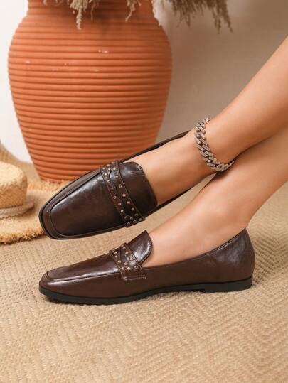 方头平底时尚乐福鞋，铆钉装饰女士套脚鞋，舒适芭蕾舞鞋，软底