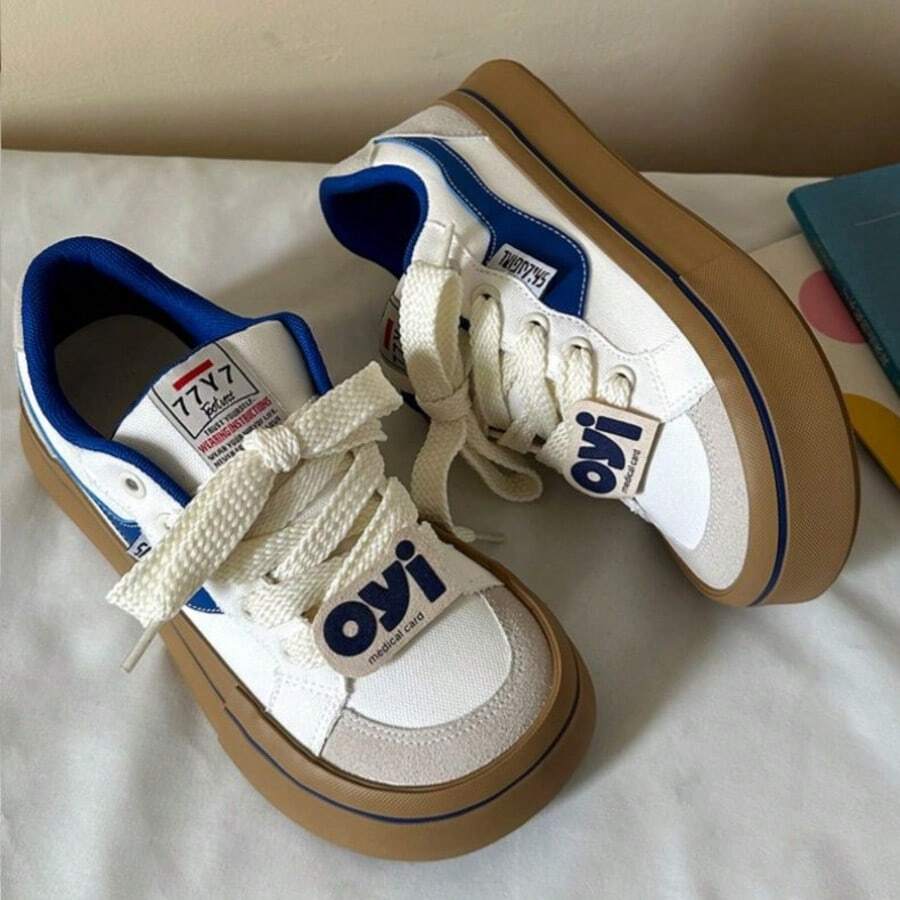 女士百搭厚底运动鞋，2025新款夏季小众厚底时尚日常白色鞋，德式风格 - 米藍 - 查看 1