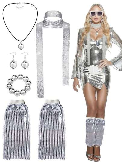 5件套 Forever & Moment 70年代女士迪斯科服装配饰，包括耳环、项链、围巾、手链和亮片腿套——适合打造70年代迪斯科巨星造型、经典流行风格、舞蹈表演、演唱会和摇滚派对。