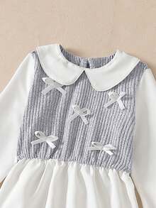 Girls Bowknot Top And Straight Leg Pants 2-Piece Set, Comfortable Casual Elegant Outfit For Spring/Autumn - Grey - View 7