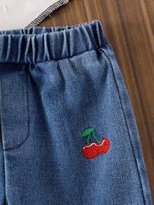 2pcs Baby Girl Fashionable & Elegant Sweet Cherry Embroidery Flutter Sleeve Round Neck Cap Sleeve T-Shirt Top And Cherry Embroidery Double Ruffle Flare Leg Denim Pants Set - Red - View 7