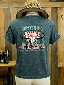 女士短袖圆领常规款T恤，饰有独特的沙漠骷髅图案印花，面料柔软舒适。 - 墨綠色 - 查看 1