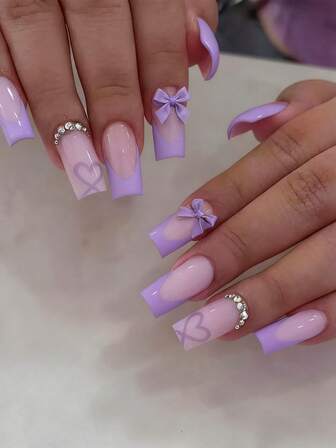 24pcs Medium Length Square Nail Stickers, Rhinestone Heart Design, Romantic & Elegant, Versatile, Includes 1 Nail File & 1 Nail Gel, Perfect For Valentine's Day