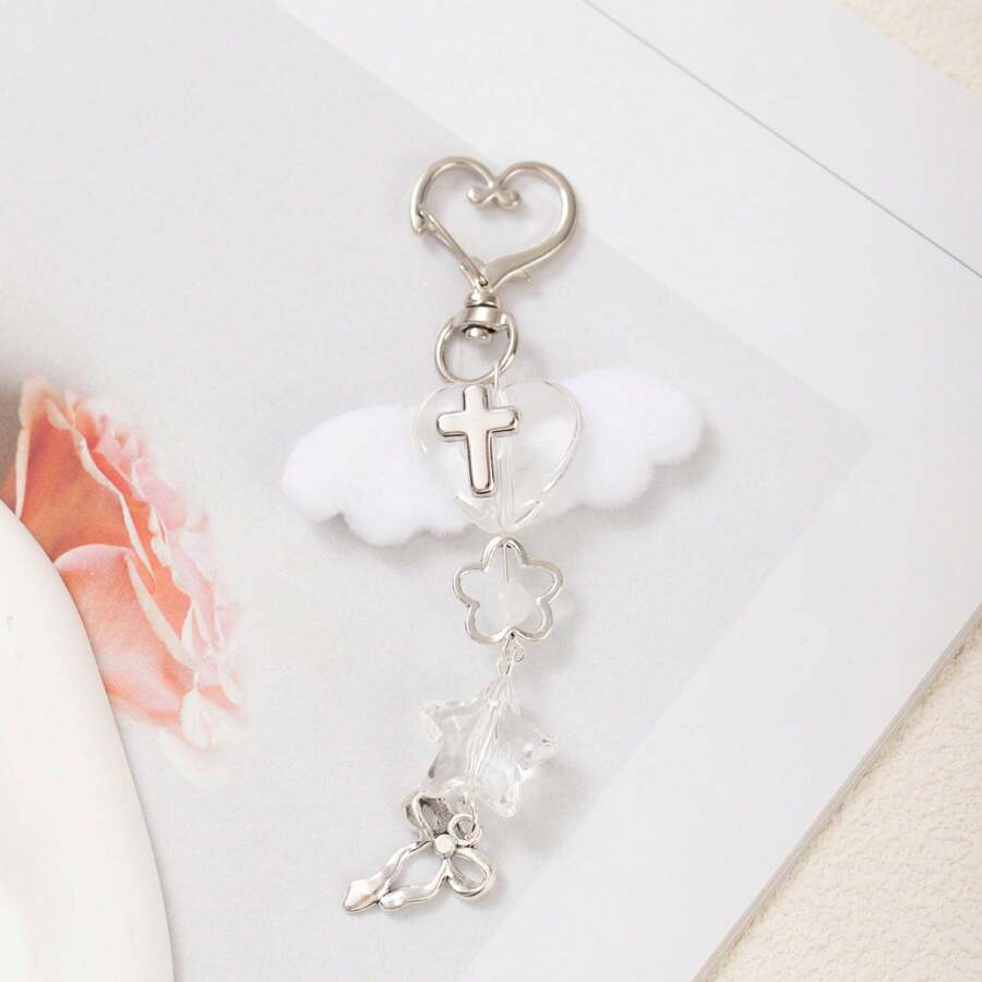 1 chiếc móc khóa hình thánh giá cánh thiên thần kiểu dáng mới dành cho nữ, thiết kế tối giản với họa tiết trái tim, ngôi sao, nơ, phụ kiện móc chìa khóa túi xách/xe hơi. - trắng - Xem 1