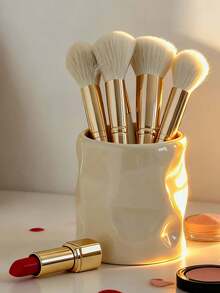 1pc Asymmetric Resin Makeup Brush Holder, Asymmetrical Vase Shape With Uneven Surface Embossing, Multifunctional Desktop Decor, Mini Vase And Storage Box, Suitable For Living Room, Bedroom And Office (White And Purple) - Multicolor - View 2