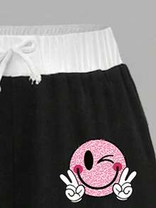 Teen Girl Cartoon Smiling Face Print Short Sleeve T-Shirt And Wide Leg Pants Casual Outfit - Black - View 4