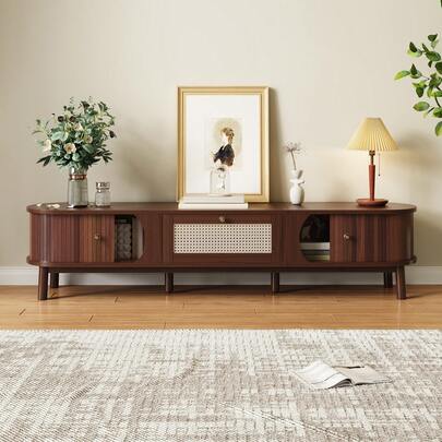 TV Unit – With Natural Wood Doors And Rattan Drawers. Rustic Style With Ample Storage Space, Available In Two Colors.