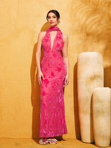 LOVE&LEMONADE 时尚粉色女士提花天鹅绒露背深V领连衣裙 - 粉色 - 查看 4