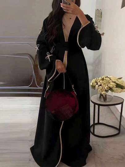 SuofeiMan New Stylish Middle Eastern Minimalist Bow Abaya, Black Solid Color Casual Soft Comfortable Jacket With Belt, Festival Robe, Daily Wear Dress