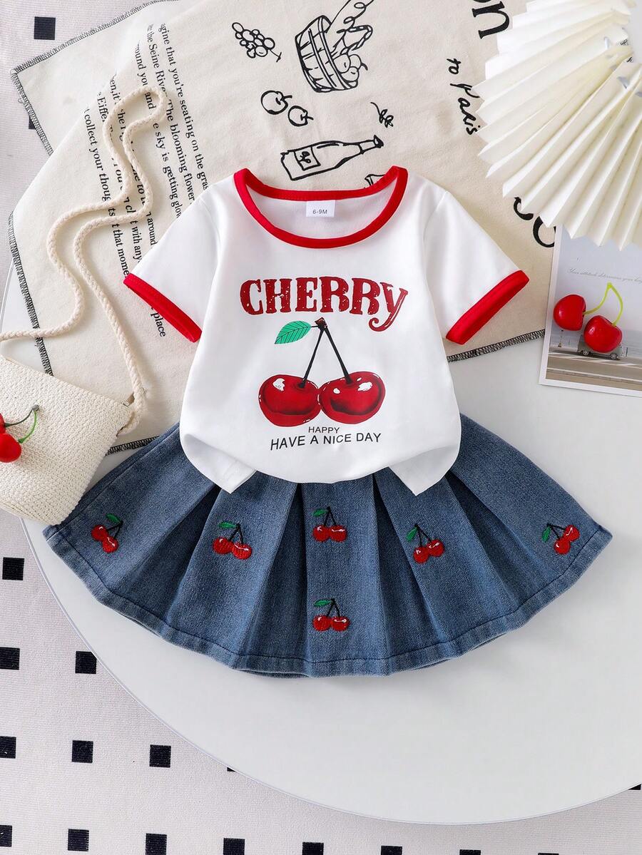女婴两件套：樱桃印花短袖T恤上衣和樱桃刺绣百褶牛仔迷你裙 - 白色 - 查看 1
