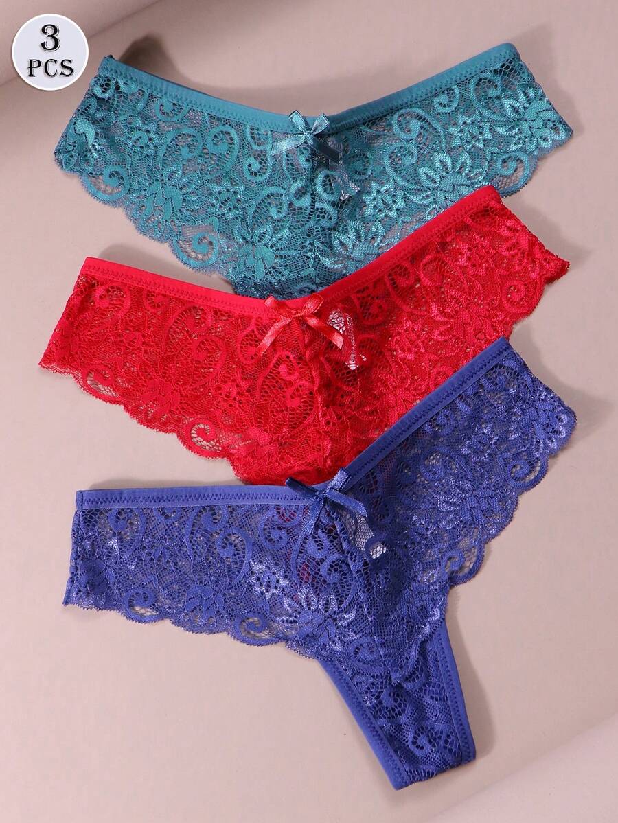 3pcs/Set Sexy Lace Thong Panties, Low Waist For Women - Multicolor - View 1