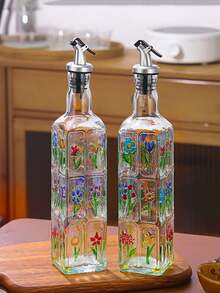 500毫升手绘图案浮雕玻璃厨房家用油壶、醋瓶、调味瓶，1个 - 彩色 - 查看 5