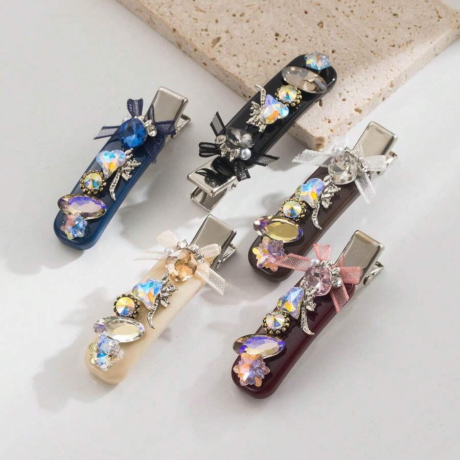 1pc Solid Color Korean Style Elegant Bangs Clip, Simple Fashion Shiny Heart Gem Mesh Bow Decor Hair Clip, Cute Fairy Graceful Hair Accessory, Head Accessories, Hair Accessories For Women