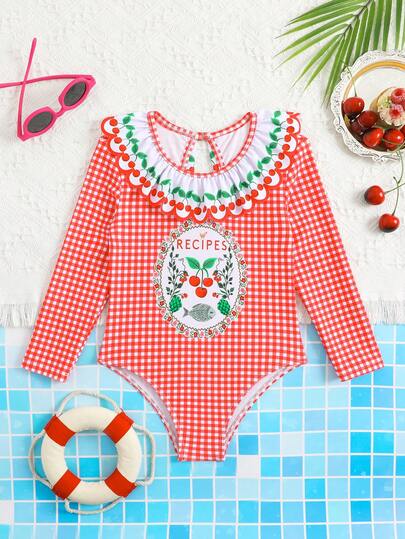 Young Girls Cute Plaid Cherry Print Ruffle One-Piece Swimsuit