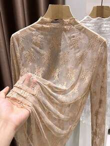 2025 New Arrival Women's Lace Mock Neck Layering Mesh Sheer Long Sleeve Slim Fit Undershirt, Spring/Summer/Autumn - Khaki - View 2
