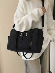 1pc Black Casual Minimalist Multi-Zipper Pocket Adjustable Shoulder Tote Bag, Large Capacity Foldable Shoulder Bag Suitable For Women's Work, Daily Life, Commuting, Social Gatherings, Outdoor Shopping, Travel, Can Be Used As Diaper Bag, Student Tutoring Bag, Mother's Day Gift, Fashion Item - Black - View 9