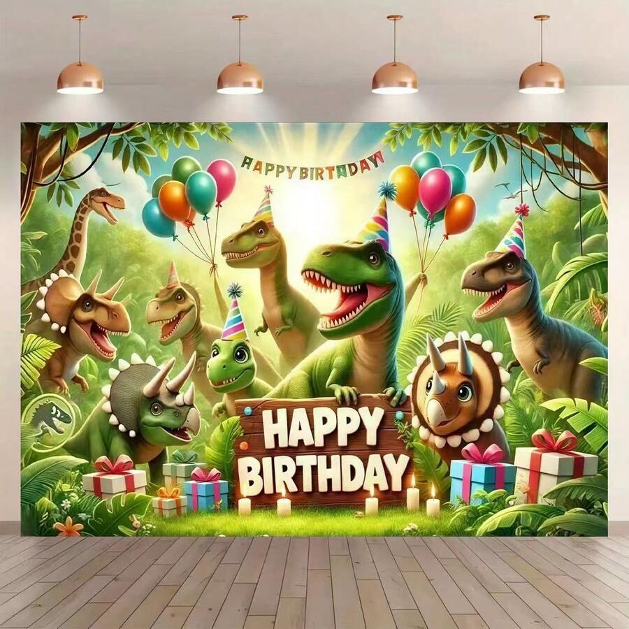 1pc Dinosaur Theme Birthday Backdrop Banner, Dinosaur Jungle Animal Birthday Party Background, Party Photography Backdrop, Party Banner Decor, Indoor/Outdoor Decor, Home, Garden, Yard Decor, Universal Theme, Each Image With White Border - Multicolor - View 1