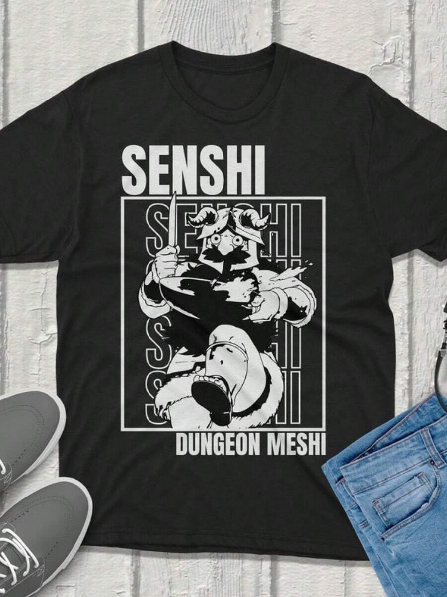 Senshi Dungeon Meshi Delicious In Dungeon TShirt Anime Graphic Tee Vintage Streetwear Unique Design Gamers & Anime Fans - Black - View 1