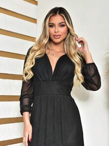 Women's Long Tulle Dress With Long Sleeves For Wedding Party - Negro - Ver 2