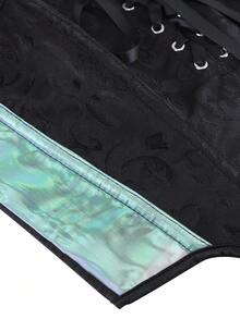 Corset Top Bustier Jacquard Bandeau Crop Top, Strapless Front Criss-Cross Lace-Up Side Color Block Mesh Shapewear Waist Cincher Overbust Corset - Black - View 5