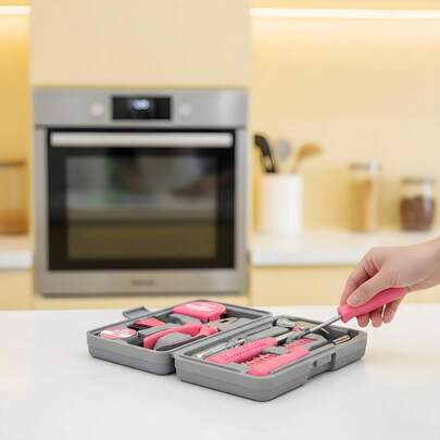 24 Piece Pink Household Tool Set, Including Steel Pliers, Tape Measure, Hammer, Etc. - Compact Gray Box Multifunctional Repair Kit, Suitable For DIY And Home Maintenance