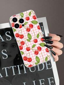 1pc Plaid Cherry 2D Pattern Fashionable Soft Silicone Phone Case, Classic Versatile Creative Style, Suitable As Birthday, Christmas, New Year, Holiday Gift For Friends, Family, Couples, Transparent Soft Touch Full Protection Anti-Dust Anti-Water, Compatible With IPhone 17/16/15/14/13/12/11/7/8/Pro/ProMax/PLUS/X/XR/XS/XSMAX/SE3/SE2 And S/A Series - Clear - View 2