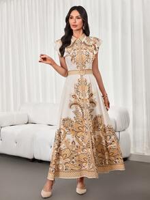 Women's Elegant Bohemian Floral-Print Dress – Sleeveless, Collared, Waist Belt With Japanese-Style Buckle, Ruffled Hem, Perfect For Vacations & Casual Wear Elegant Dresses For Women Women's Ramadan Clothes - Apricot - View 4