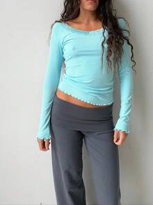 Fold Over Yoga Pants For Women Y2k Solid Color Low Rise Flared Leg Pants Stretchy Wide Leg Bell Bottoms Bootcut Trousers Loose Gym Workout Lounge Leggings - 灰色 - 查看 2