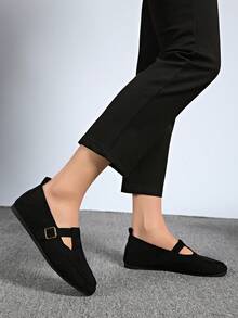 Zapatos tipo Mary Jane estilo japonés para mujer, mocasines planos de punta cuadrada y fácil de poner, versátiles para primavera y otoño - Negro - Ver 4