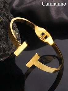 Camhanno 1 Piece Simple Retro Stainless Steel Open Double T-Bracelet For Holiday Gift Boyfriend OZS5 - Gold - 查看 2