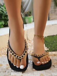 Women's Chain Black Sandals - Lightweight, Waterproof, Comfortable Summer Flip Flops With PVC Upper, Square Toe, Flat Heel | New Arrival 2025 - Black - View 8
