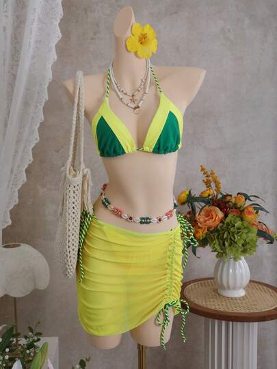 2025新款三件套，撞色性感系带露背设计，适合海滩、晚宴约会、度假、运动健身等夏季场合。