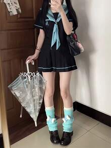 一件式水手领短袖套装，基础款黑色和薄荷绿撞色JK校服，夏季万圣节派对礼服 - 黑色 - 查看 8