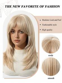18英寸长直发浅金色假发，带刘海，层次分明，外观自然，耐热，适合女性日常佩戴、派对和时尚造型。