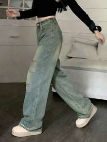 Quần jeans nữ ống rộng cạp cao rách túi, kiểu dáng mùa hè mới, phong cách thường ngày, mùa xuân. - Rửa trung bình - Xem 3
