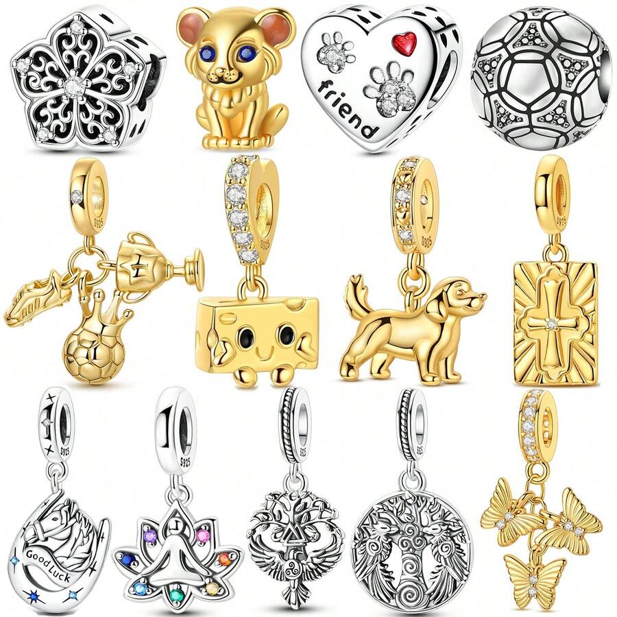 Silver Plated Charms Golden Butterfly Tassel Horseshoe Football Cup Golden Robot Dog Cross Life Tree Crow Lotus Flower Multi Element Series Beads Charm Fit Original Bracelet Charm Beads Necklace Diy Female Jewelry - Multicolor - View 1